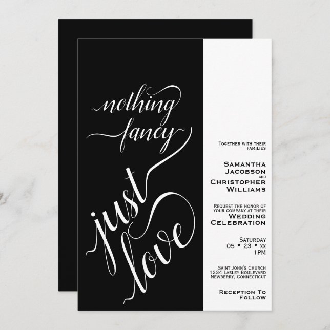 Nothing Fancy Just Love Modern Black Wedding Invitation (Front/Back)