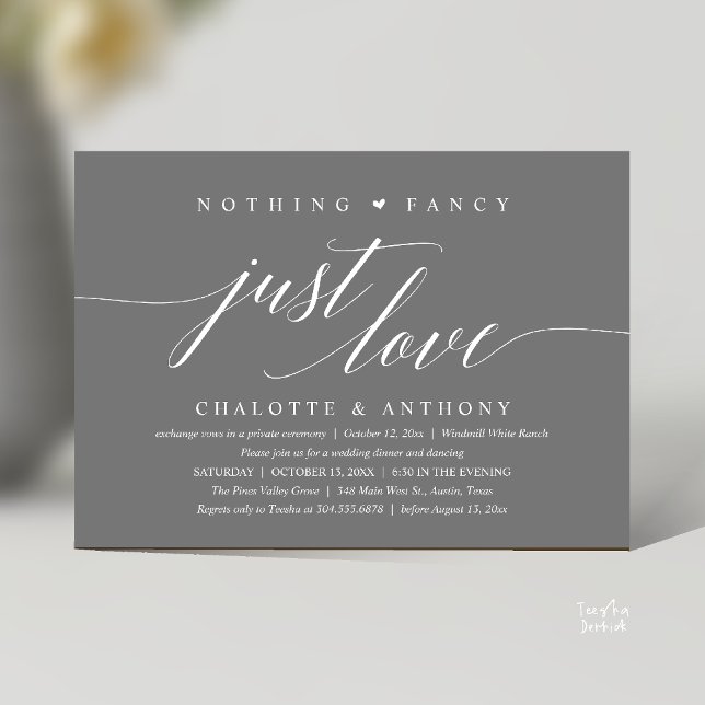 Nothing Fancy, Just Love, Modern Classy Reception Invitation (Modern Classy Nothing Fancy, Just Love, Wedding Reception Dinner Invitation Card in Dark Grey)