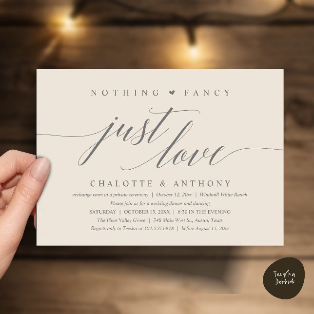 Nothing Fancy, Just Love, Modern Classy Reception Invitation (Modern Classy Nothing Fancy, Just Love, Wedding Reception Dinner Invitation Card in Cream and Grey)