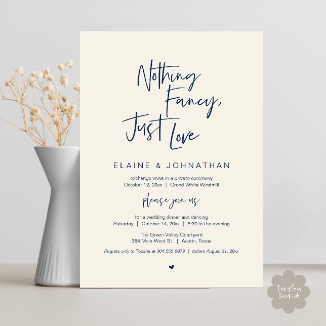 Nothing Fancy Just Love Modern Minimalist Casual Invitation (Nothing Fancy Just Love Modern Minimalist Casual Wedding Dinner Invitation Card in navy blue ivory)
