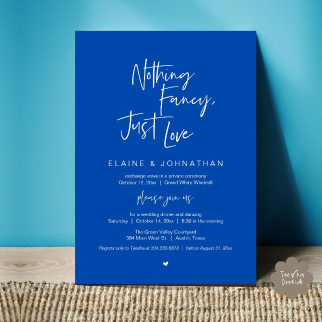 Nothing Fancy Just Love Modern Minimalist Casual Invitation (Nothing Fancy Just Love Modern Minimalist Casual Wedding Dinner Invitation Card in Cobalt Blue Ivory)