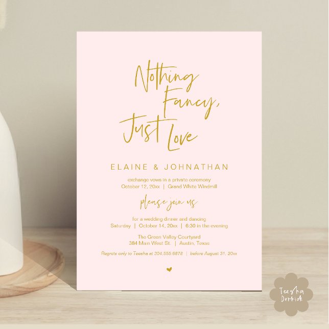 Nothing Fancy Just Love Modern Minimalist Casual Invitation (Nothing Fancy Just Love Modern Minimalist Casual Wedding Dinner Invitation Card in Blush Gold)