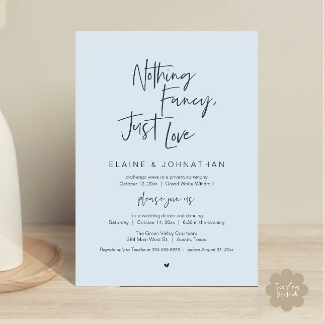 Nothing Fancy Just Love Modern Minimalist Casual Invitation (Nothing Fancy Just Love Modern Minimalist Casual Wedding Dinner Invitation Card in Misty Blue)