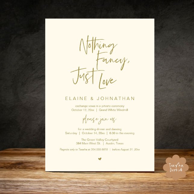 Nothing Fancy Just Love Modern Minimalist Casual Invitation (Nothing Fancy Just Love Modern Minimalist Casual Wedding Dinner Invitation Card in Gold Yellow Cream)