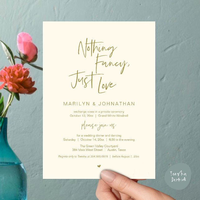 Nothing Fancy Just Love, Modern Reception Dinner  Invitation (Nothing Fancy Just Love, Modern Reception Dinner Invitation Card in Yellow Gold Ctream)