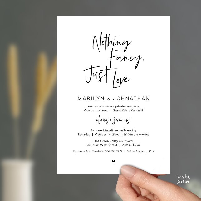 Nothing Fancy Just Love, Modern Reception Dinner  Invitation (Nothing Fancy Just Love, Modern Reception Dinner Invitation Card in Black and White)