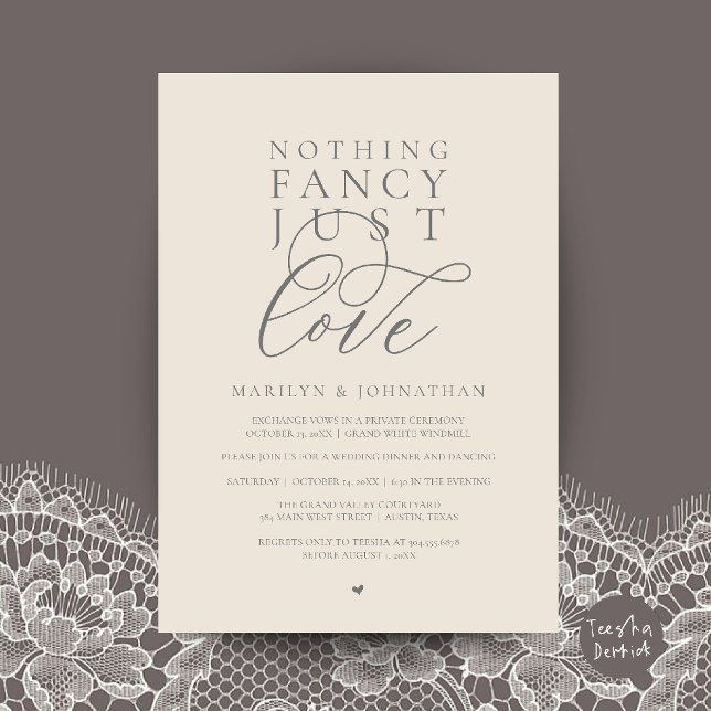 Nothing Fancy Just Love, Modern Reception Dinner  Invitation (Nothing Fancy Just Love, Modern Reception Dinner Invitation Card in Cream and Grey)