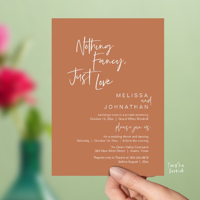 Nothing Fancy Just Love, Modern Wedding Dinner  Invitation (Nothing Fancy Just Love, Modern Wedding Dinner Invitation Card in Copper Terracotta Brown)