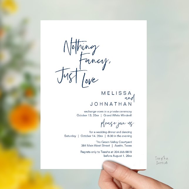 Nothing Fancy Just Love, Modern Wedding Dinner  Invitation (Nothing Fancy Just Love, Modern Wedding Dinner Invitation Card in Navy Blue)