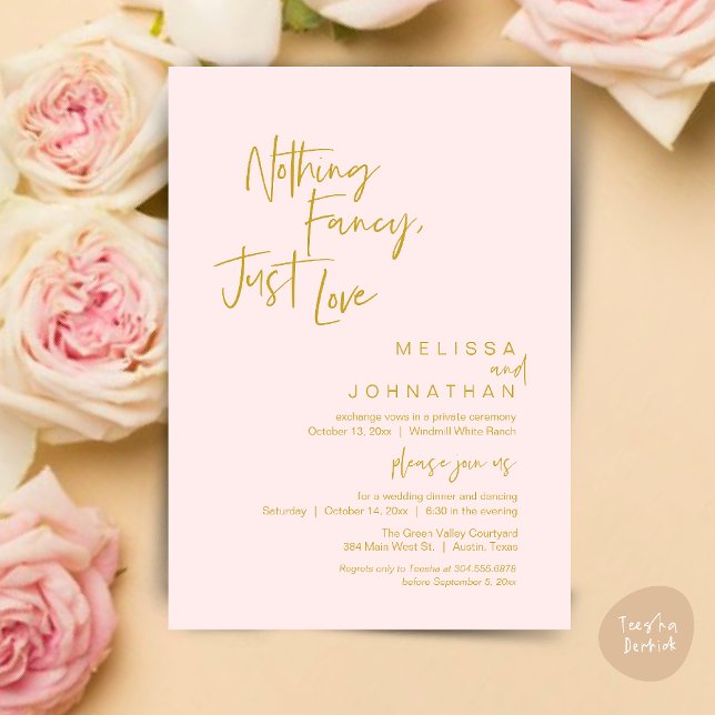 Nothing Fancy Just Love, Modern Wedding Dinner Invitation (Nothing Fancy Just Love, Modern Wedding Reception Dinner Lunch Brunch Invites Card Yellow Gold Blush)
