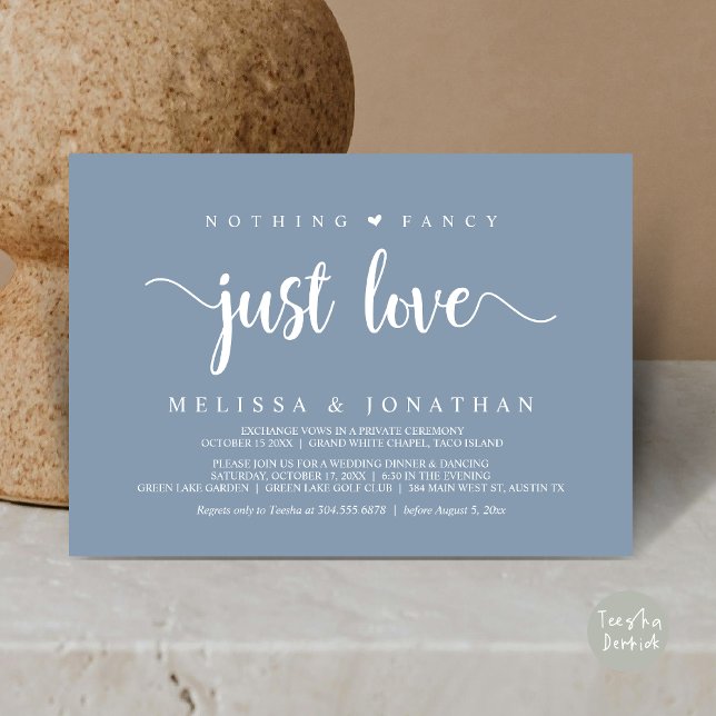 Nothing Fancy Just Love, Modern Wedding Elopement Invitation (Nothing Fancy Just Love, Modern Rustic Wedding Elopement Dinner Invitation Card, PDF, Dusty Blue)