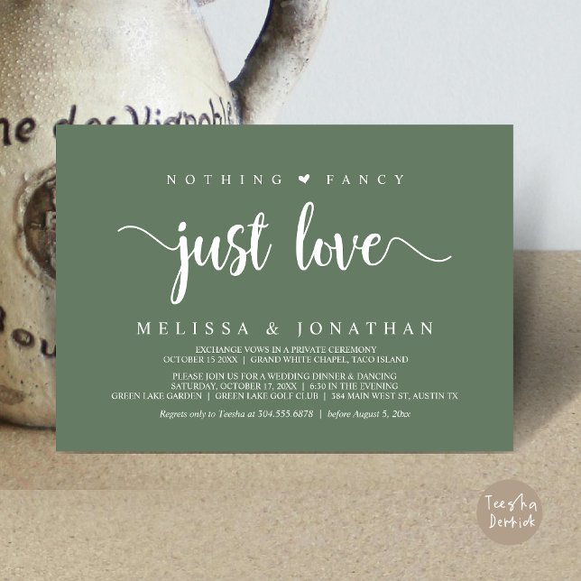 Nothing Fancy Just Love, Modern Wedding Elopement Invitation (Nothing Fancy Just Love, Modern Rustic Wedding Elopement Dinner Invitation Card, PDF, Greenery Sage)