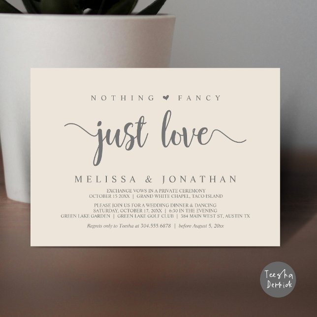 Nothing Fancy Just Love, Modern Wedding Elopement Invitation (Nothing Fancy Just Love, Modern Rustic Wedding Elopement Dinner Invitation Card, PDF, Cream Grey)