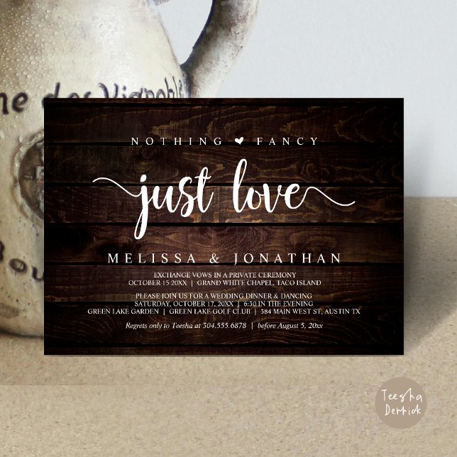 Nothing Fancy Just Love, Modern Wedding Elopement Invitation (Nothing Fancy Just Love, Modern Rustic Wedding Elopement Dinner Invitation Card, PDF, Wood Graphic)