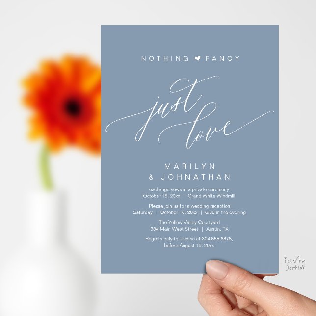 Nothing Fancy Just Love Modern Wedding Reception Invitation (Nothing Fancy Just Love Modern Wedding Reception Dinner Invitation Card in Dusty Blue)