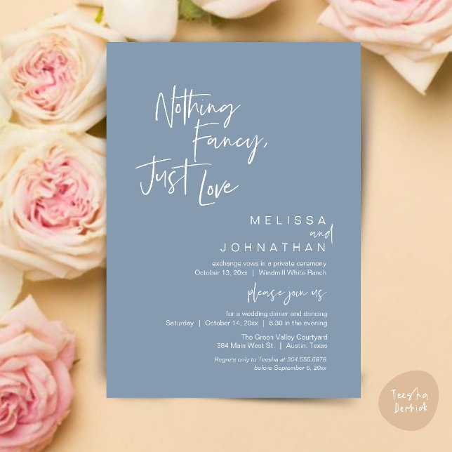 Nothing Fancy Just Love, Modern Wedding Reception Invitation (Nothing Fancy Just Love, Modern Wedding Reception Dinner Lunch Brunch Invites Card in Dusty Blue)