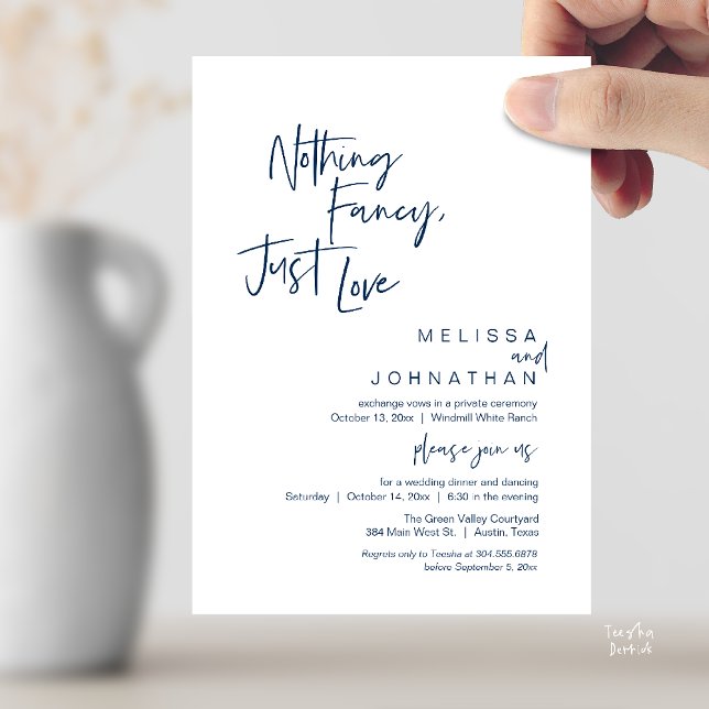 Nothing Fancy Just Love, Modern Wedding Reception Invitation (Nothing Fancy Just Love, Modern Wedding Reception Dinner Lunch Brunch Invites Card Navy Blue)