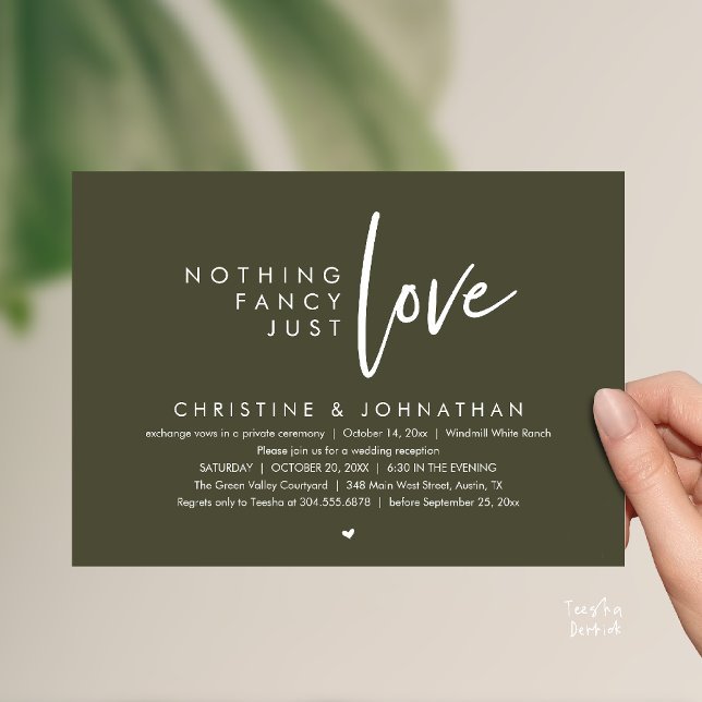 Nothing Fancy, Just Love, Modern Wedding Reception Invitation (Nothing Fancy, Just Love, Modern Wedding Reception Dinner Lunch Brunch Invitation Card Olive Green)