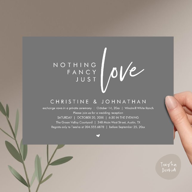 Nothing Fancy, Just Love, Modern Wedding Reception Invitation (Nothing Fancy, Just Love, Modern Wedding Reception Dinner Lunch Brunch Invitation Card Dark Grey)