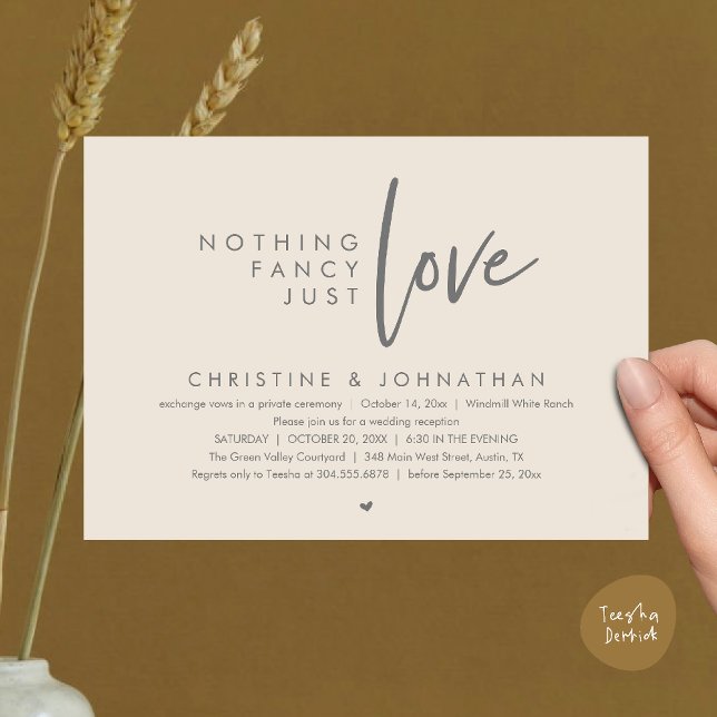 Nothing Fancy, Just Love, Modern Wedding Reception Invitation (Nothing Fancy, Just Love, Modern Wedding Reception Dinner Lunch Brunch Invitation Card Cream Grey)