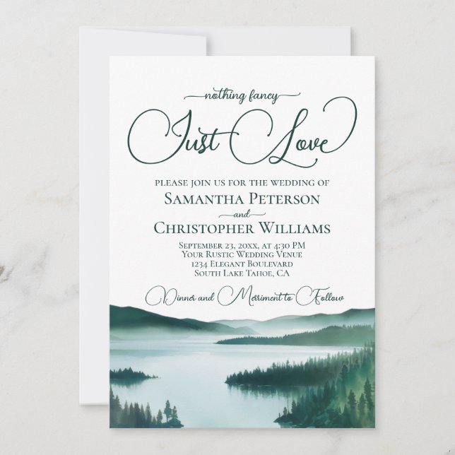 Nothing Fancy Just Love Mountain Lake Wedding Invitation (Front)