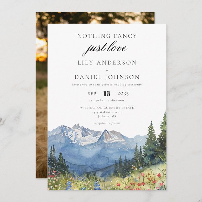 Nothing Fancy Just Love Mountain Photo Wedding Invitation (Front/Back)