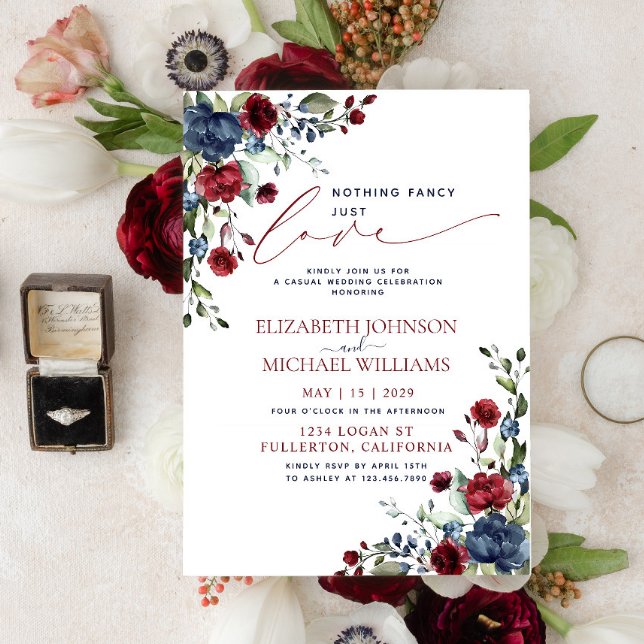 Nothing Fancy Just Love Navy Blue Burgundy Invitation (Creator Uploaded)