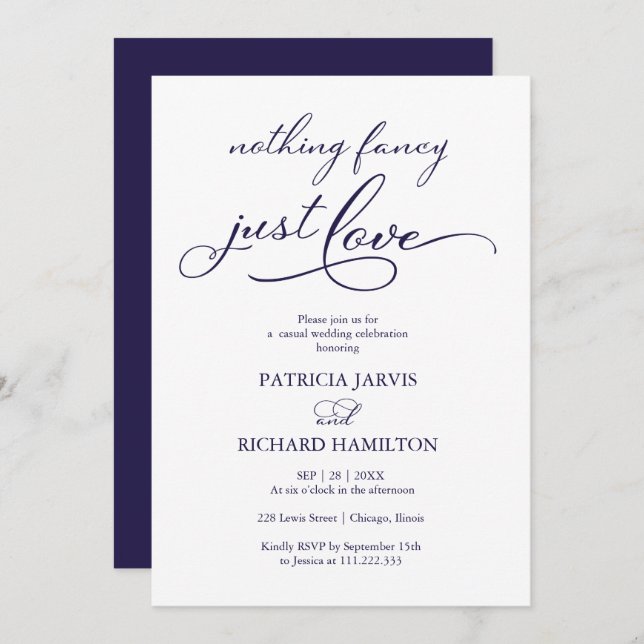 Nothing Fancy Just Love Navy Blue Casual Wedding Invitation (Front/Back)