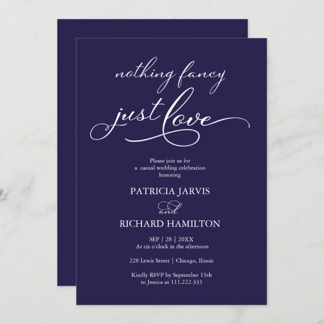 Nothing Fancy Just Love Navy Blue Casual Wedding Invitation (Front/Back)