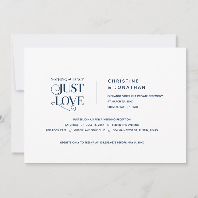 Nothing Fancy, Just Love, Navy Blue, Elopement Invitation (Front)
