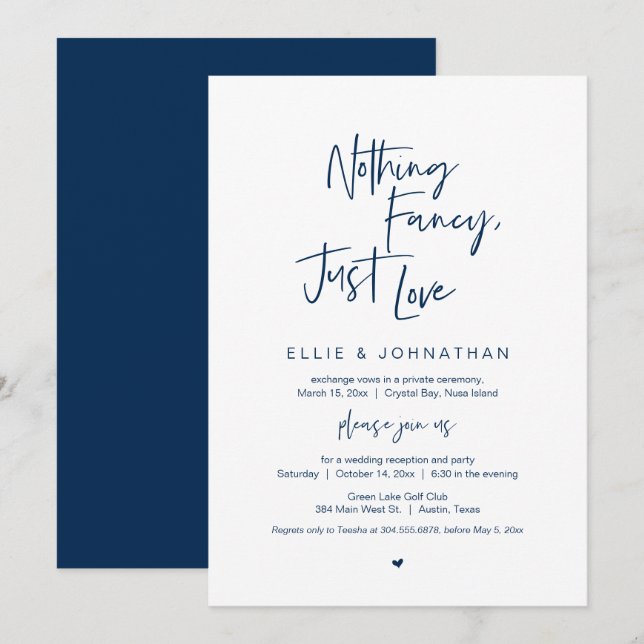 Nothing Fancy Just Love, Navy Blue, Elopement Invitation (Front/Back)
