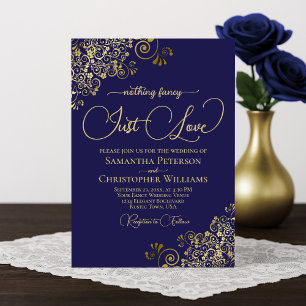 Nothing Fancy Just Love Navy Blue & Gold Wedding Invitation