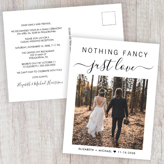 Nothing Fancy Just Love Photo Wedding Reception Invitation Postcard (Creator Uploaded)