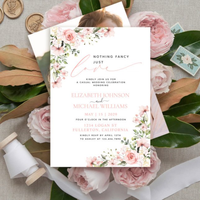Nothing Fancy Just Love Pink Floral Photo Wedding Invitation (Creator Uploaded)