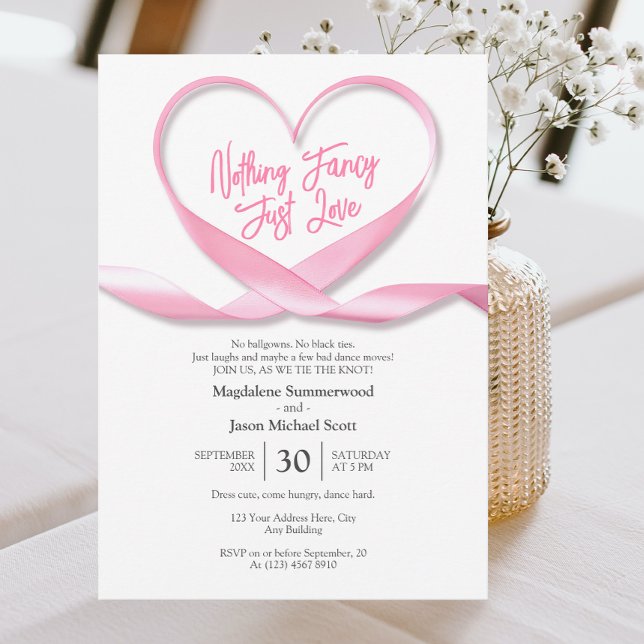Nothing Fancy Just Love Pink Heart Ribbon Wedding Invitation (Creator Uploaded)
