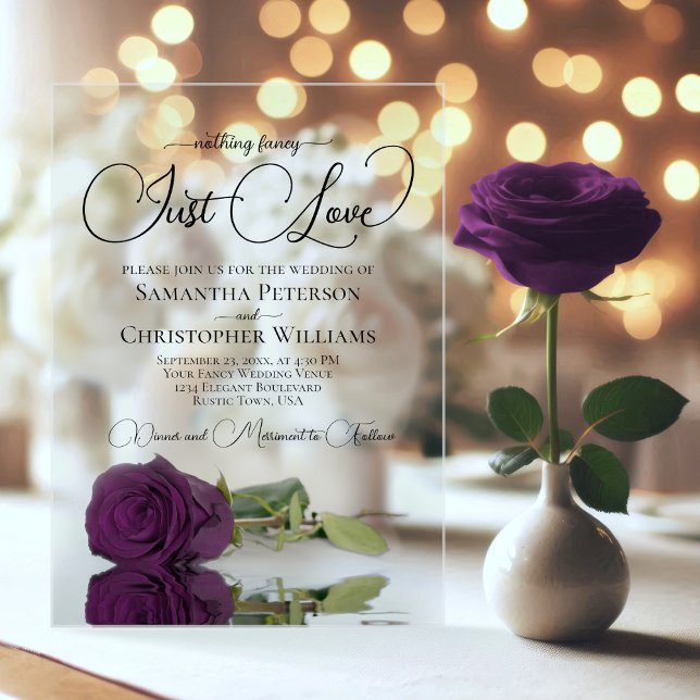 Nothing Fancy Just Love Plum Purple Rose Wedding Acrylic Invitations (Clear Acrylic with Rectangle Cut)
