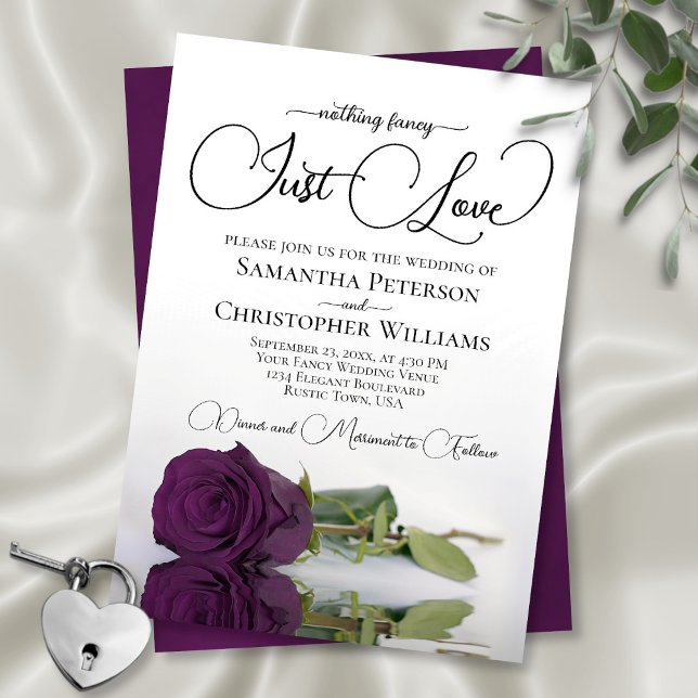 Nothing Fancy Just Love Plum Purple Rose Wedding Invitation (In Situ Front and Back)