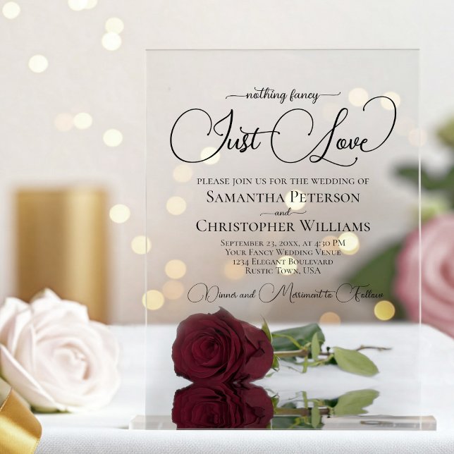 Nothing Fancy Just Love Posh Burgundy Rose Wedding Acrylic Invitations (Creator Uploaded)