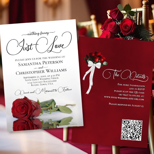 Nothing Fancy Just Love Red Rose QR Code Wedding Invitation (Front/Back)