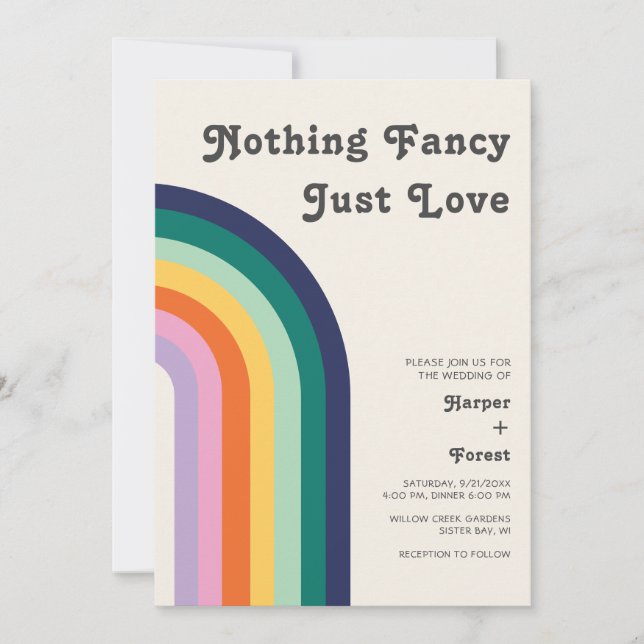 Nothing Fancy Just Love Retro 70s Rainbow Wedding Invitation (Front)