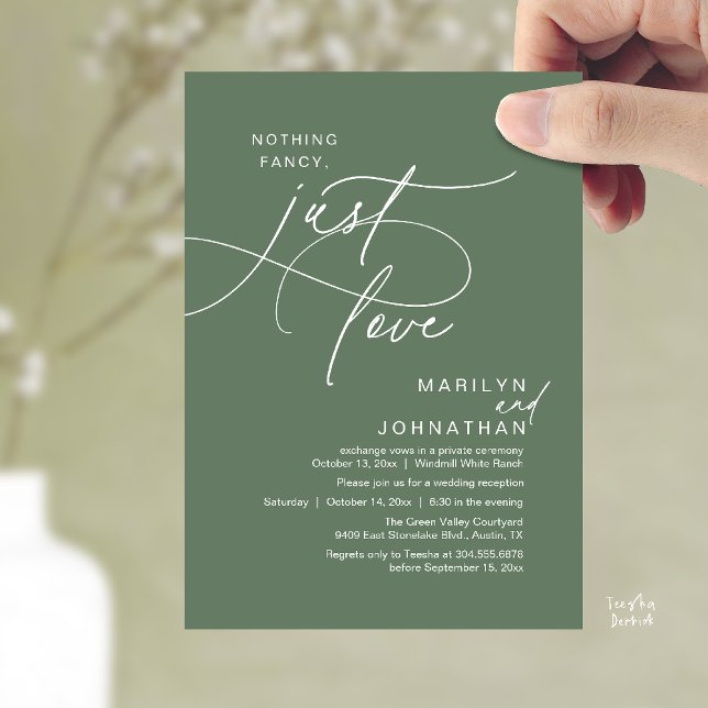 Nothing Fancy, Just Love, Romantic Wedding Dinner Invitation (Nothing Fancy, Just Love, Modern Romantic Wedding Reception Dinner Invitation Card in Sage Green)