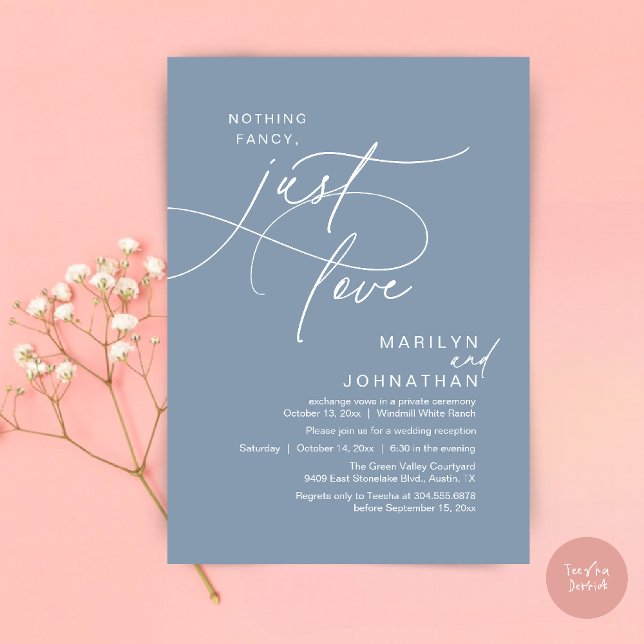 Nothing Fancy, Just Love, Romantic Wedding Dinner Invitation (Nothing Fancy, Just Love, Modern Romantic Wedding Reception Dinner Invitation Card in Dusty Blue)