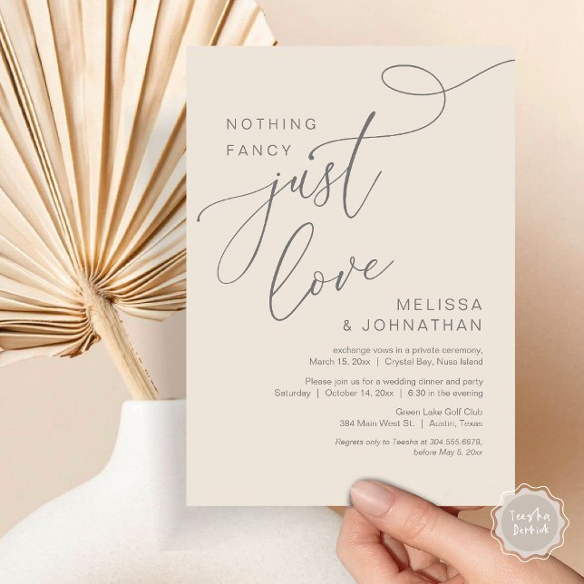 Nothing Fancy, Just Love, Romantic Wedding Dinner Invitation (Nothing Fancy, Just Love, Wedding Elopement Dinner Invitation Card, PDF, Modern Romantic, Grey Cream)