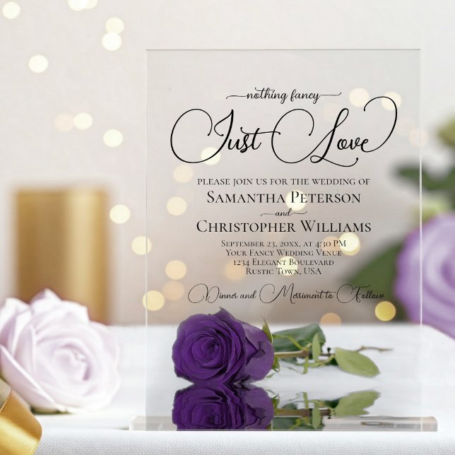Nothing Fancy Just Love Royal Purple Rose Wedding Acrylic Invitations (Clear Acrylic with Rectangle Cut)