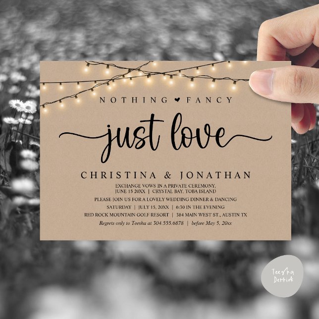Nothing Fancy Just Love, Rustic Wedding Dinner Invitation (Nothing Fancy Just Love, Rustic Wedding Dinner Party Invitation Card, PDF, String Lights Brown Kraft)