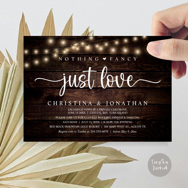 Nothing Fancy Just Love, Rustic Wedding Dinner Invitation (Nothing Fancy Just Love, Rustic Wedding Dinner Invitation card, pdf, in cottage dark wood)