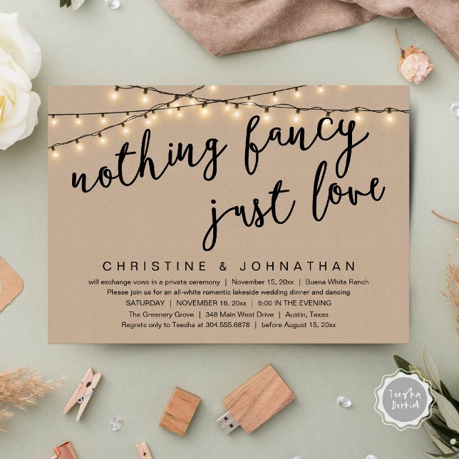 Nothing Fancy, Just Love Rustic Wedding Dinner Invitation (Nothing Fancy, Just Love Rustic Wedding Dinner Invitation Card PDF String Lights Brown kraft)