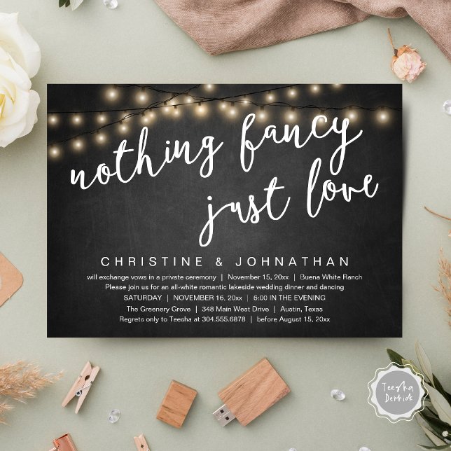 Nothing Fancy, Just Love Rustic Wedding Dinner Invitation (Nothing Fancy, Just Love Rustic Wedding Dinner Invitation Card PDF String Lights Grey Chalkboard)