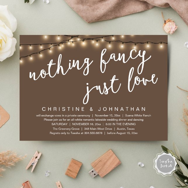 Nothing Fancy, Just Love Rustic Wedding Dinner Invitation (Nothing Fancy, Just Love Rustic Wedding Dinner Invitation Card PDF String Lights Earthy Taupe Brown)