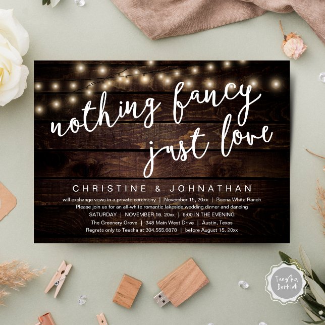 Nothing Fancy, Just Love Rustic Wedding Dinner Invitation (Nothing Fancy, Just Love Rustic Wedding Dinner Invitation Card PDF String Lights Dark Brown Wood)